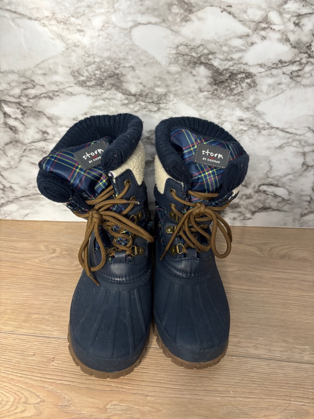 Storm by Cougar Creek Navy Blue Duck Boots Waterproof Winter Plaid Women’s size9